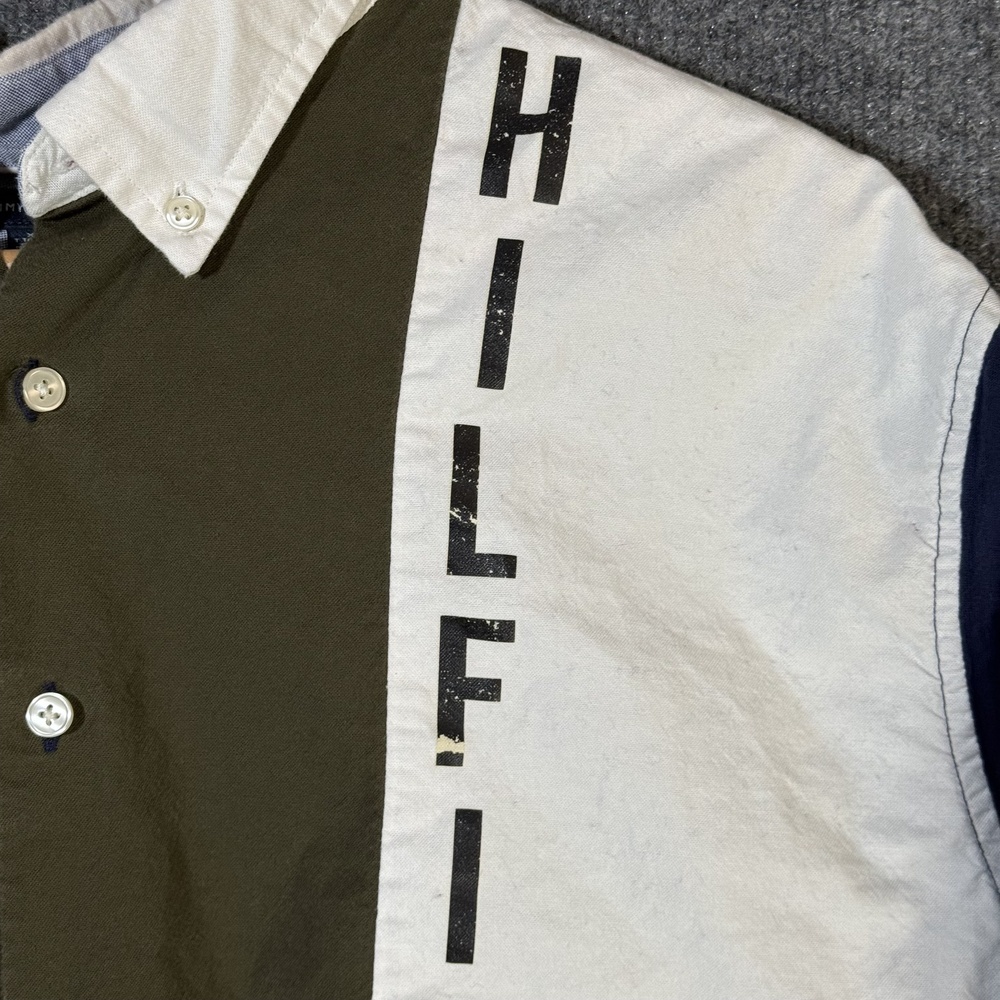 Tommy Hilfiger Mens XXL Colorblock Polo Shirt Olive Green White Distressed HILFI